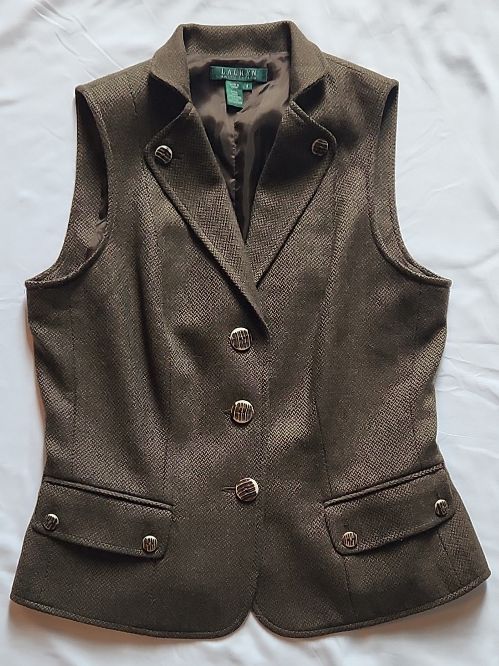 Ralph Lauren 100% Virgin Wool Womens Brown Sleeveless Riding Vest Like New! SZ 6
